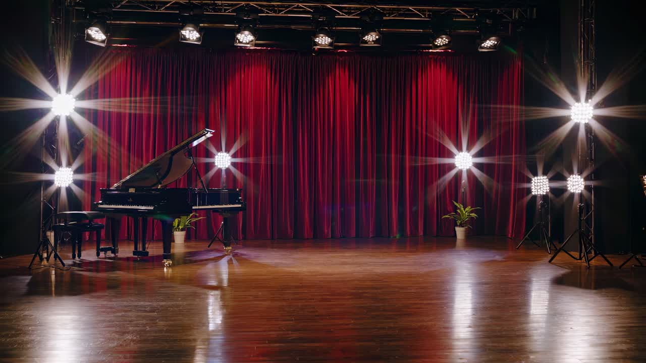 Wide-angle shot of an empty stage with a grand piano, red curtains, and bright lights
