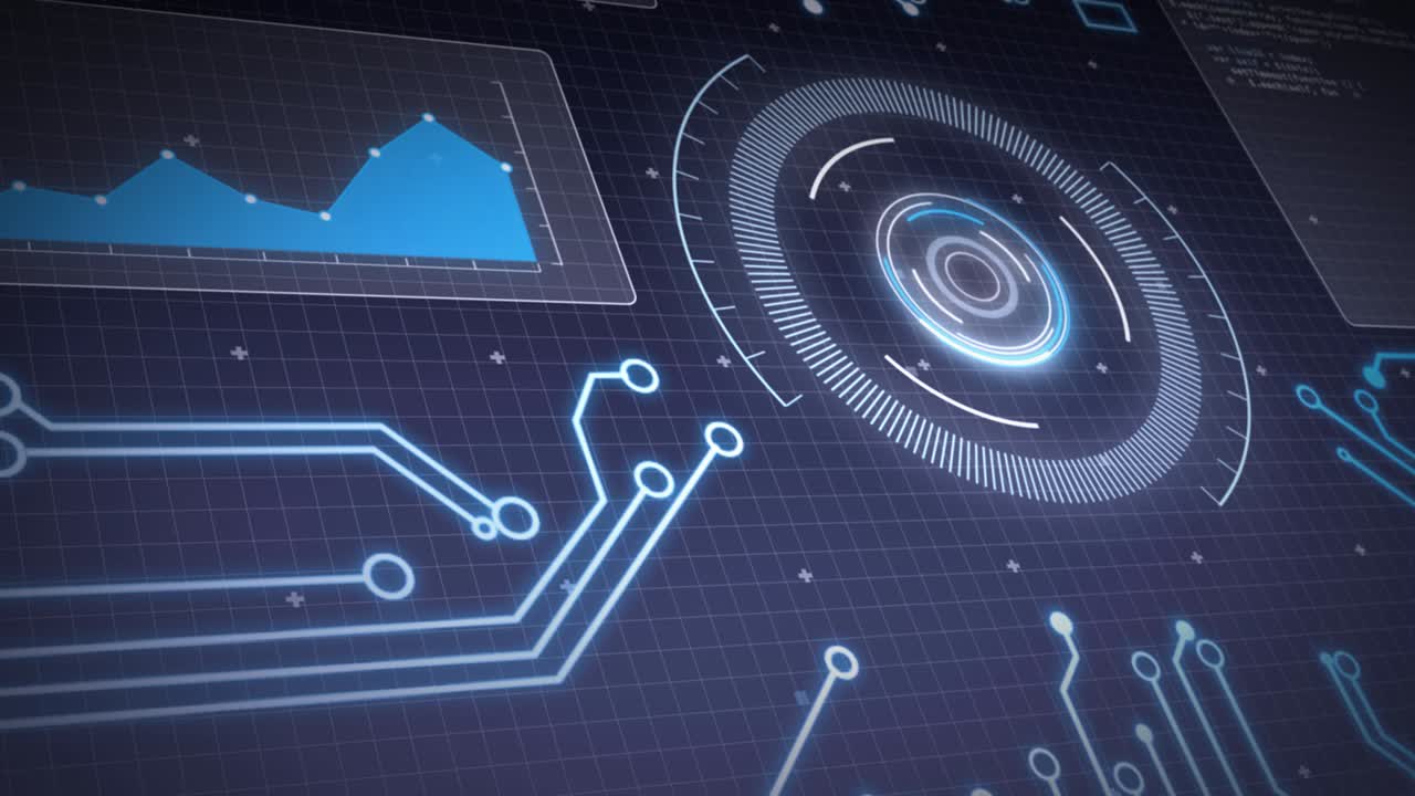 Animation of data processing and scope scanning on screens over grid