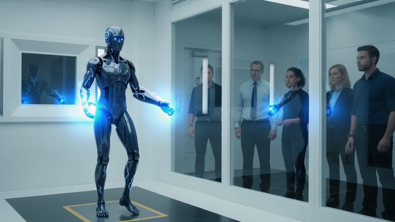 A futuristic humanoid robot stands inside a laboratory, exhibiting its advanced technology as amazed observers watch from behind a transparent barrier, showcasing the intersection of AI and human curiosity