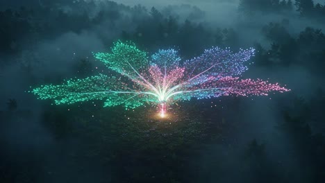 A Spectacular Display of Colorful Lights Unfolds From a Majestic Tree in an Enchanted Forest, Creating a Dreamlike Atmosphere Amidst a Misty Background