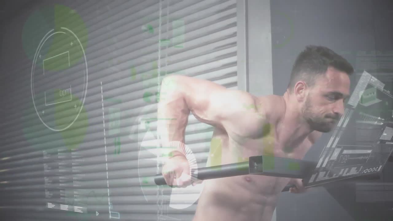 체육관 장비로 운동하는 강한 남자에 대한 데이터 처리 애니메이션