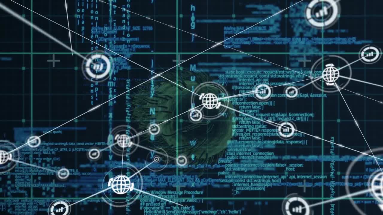 red de iconos digitales y procesamiento de datos sobre la célula de covid-19 en fondo azul