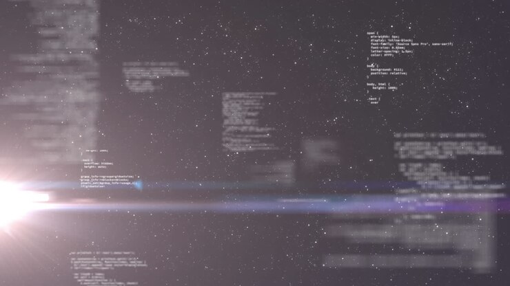 Animation of digital data processing and recording with stars in the background