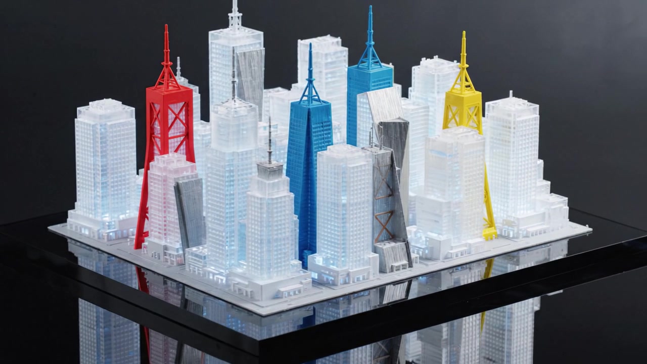 Uno splendido modello in miniatura di paesaggio urbano con edifici illuminati in vari colori su uno sfondo scuro, che mette in risalto la creatività e i dettagli architettonici.