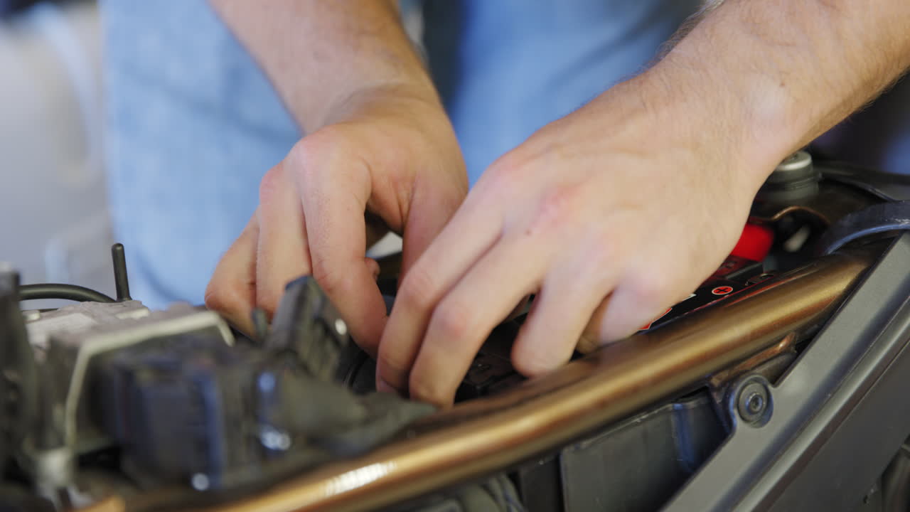 manos de un mecánico que conecta el cable al terminal de la batería