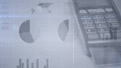animation of financial data processing over payment terminal on white background