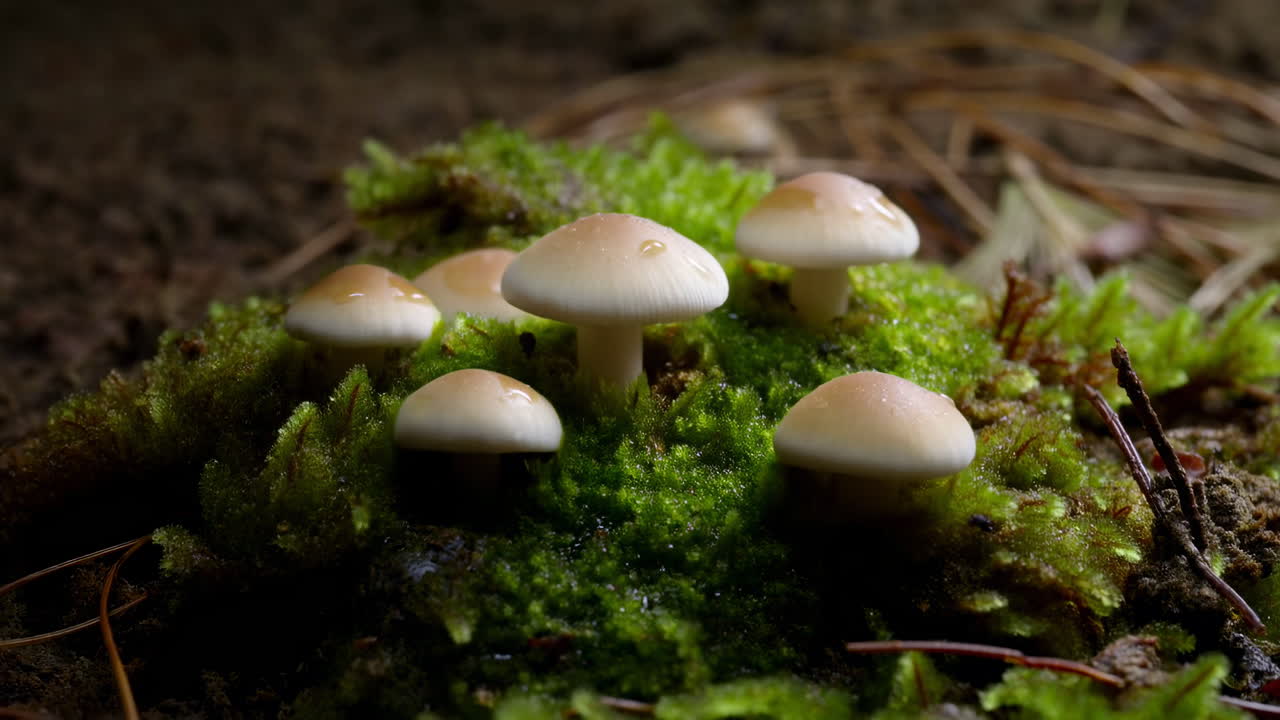 Moosbedeckte Waldbodenpilze, zarte elfenbeinfarbene Kappen ragen aus üppigem grünem Moos und Kiefernnadeln hervor, dämmriges Licht.