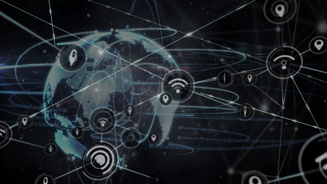 animación de la red de conexiones con iconos en todo el mundo sobre fondo negro