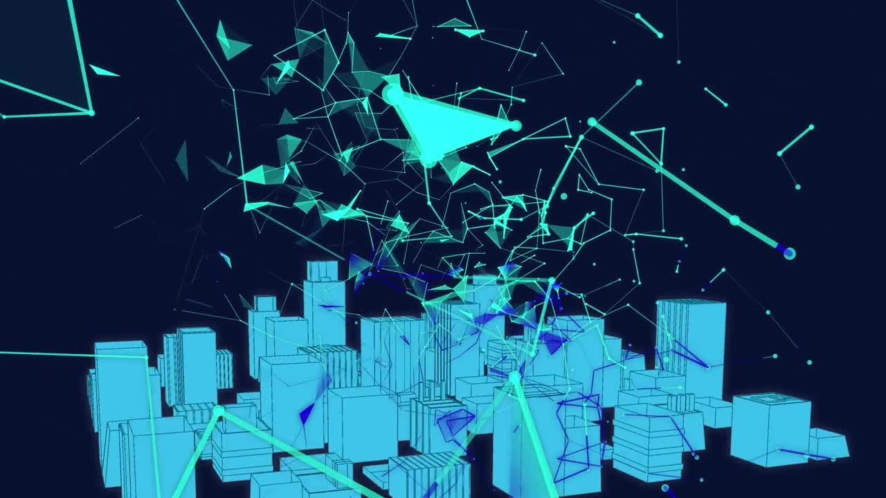 검은 바탕에 도시에 대한 연결 및 모양의 네트워크의 애니메이션