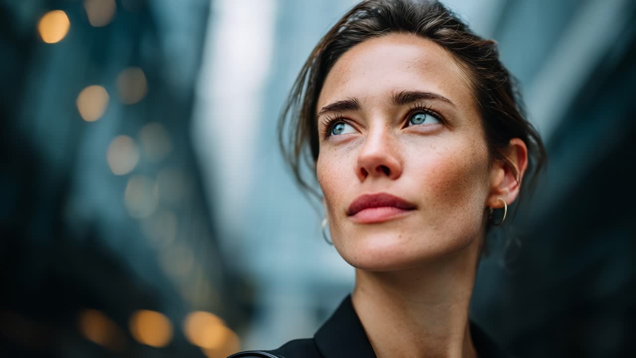 A Captivating Portrait of a Woman with a Serene Expression, Set Against a Softly Blurred Urban Background, Highlighting Her Natural Beauty and Poised Confidence