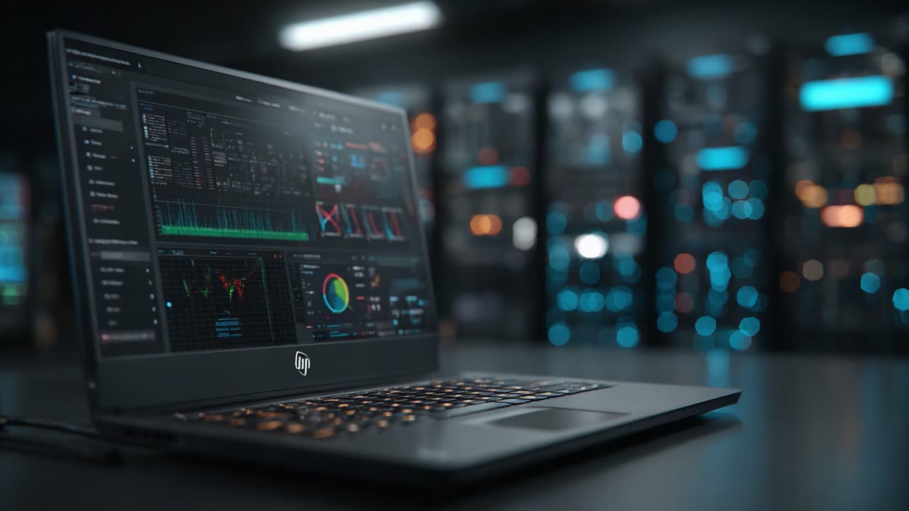 An advanced laptop displays dynamic data visuals against a backdrop of server infrastructure, illustrating the intersection of technology and data analysis in a modern workspace
