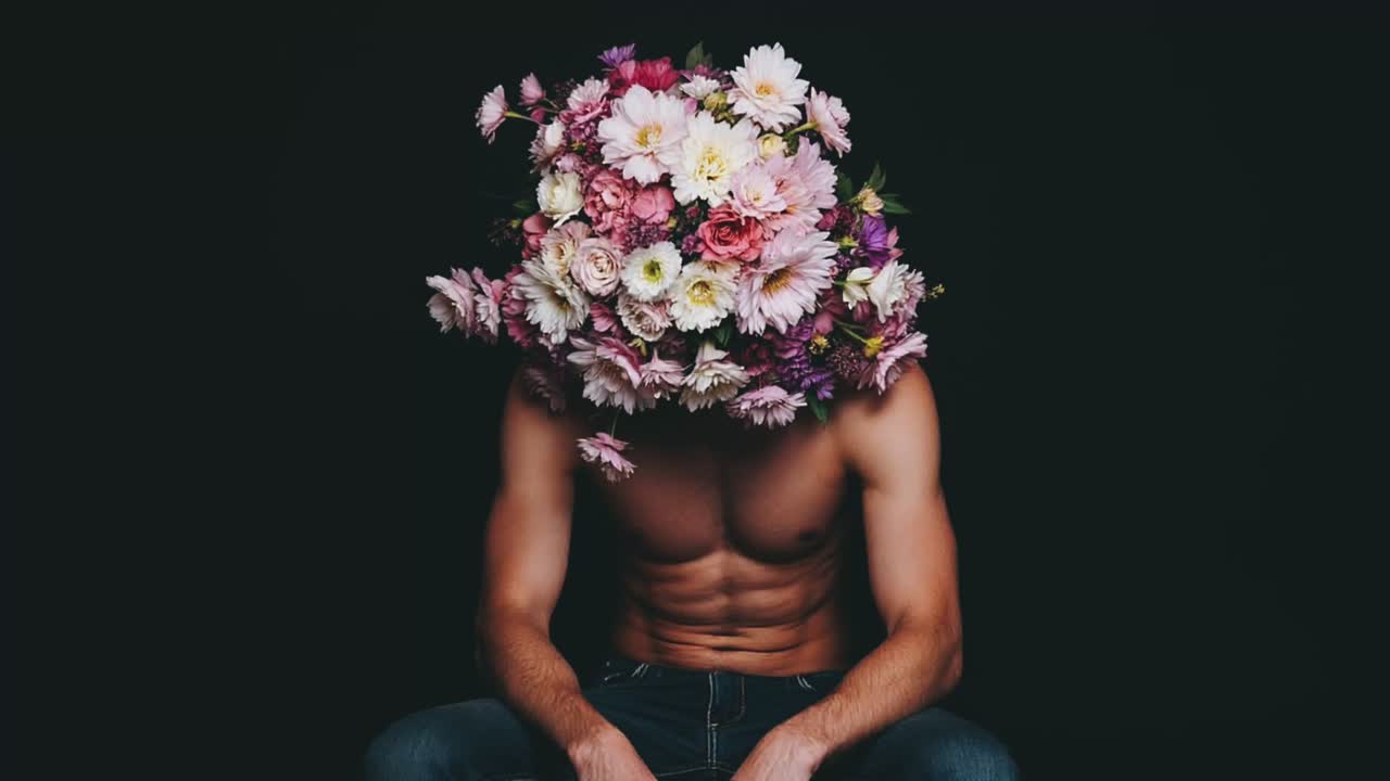 Mann mit Blumen auf dem Kopf