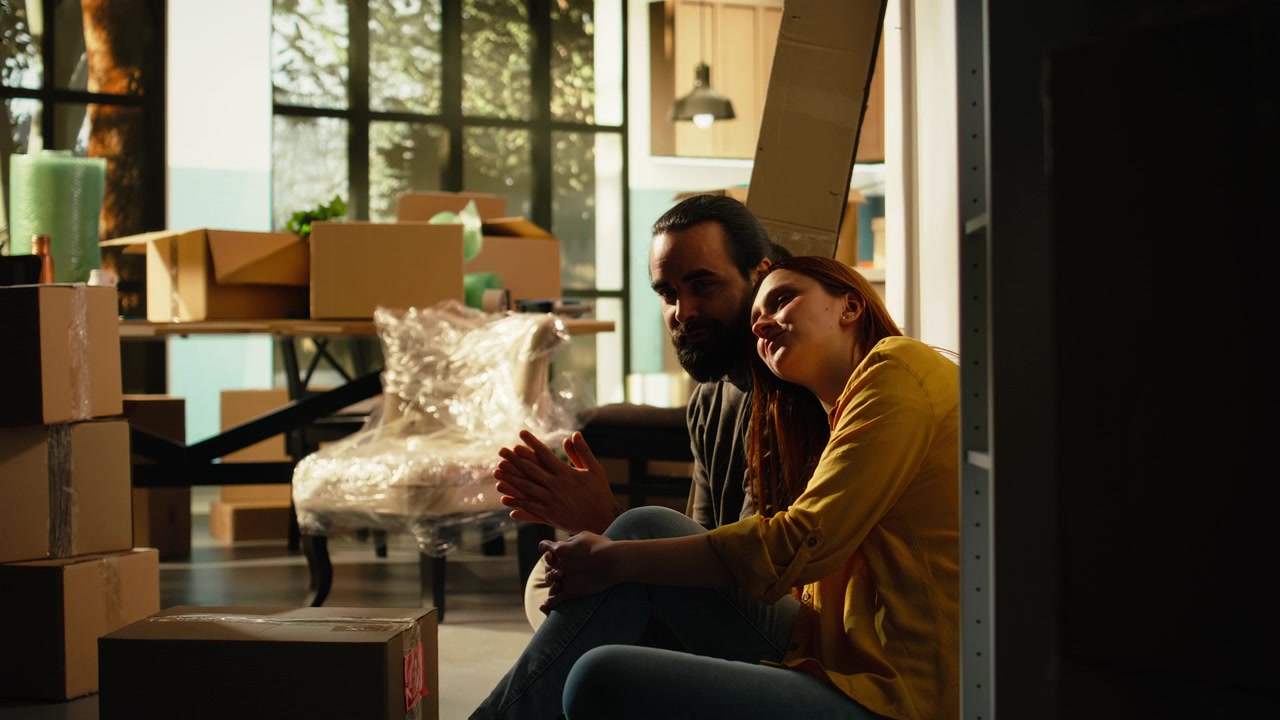 Happy Couple Sitting on Floor in New Home Surrounded by Moving Boxes