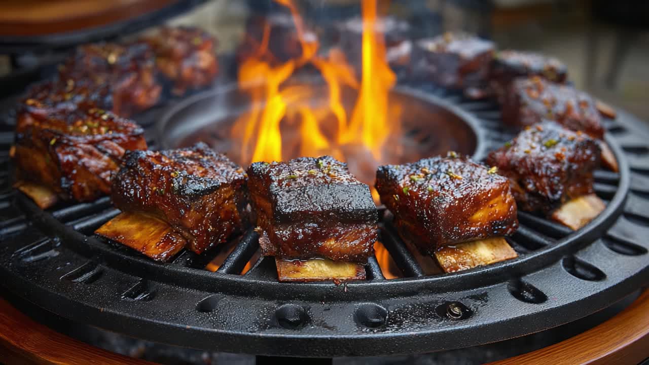 Sähisevää grillilihaa: Lähikuva mehevistä grillikyljyksistä kypsymässä avotulella, esitellen täydellisen paistopinnan ja maukkaan kuorrutuksen grillin kuumuudessa.