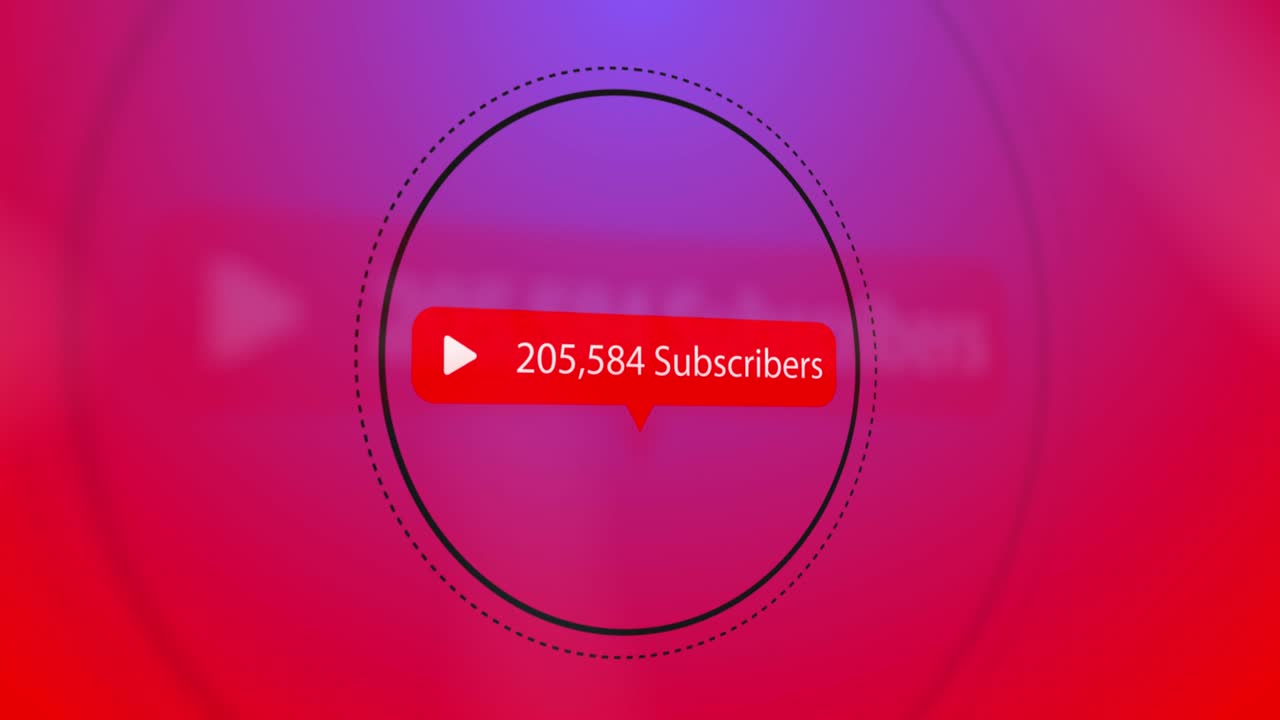 el icono del botón de reproducción, el texto de los suscriptores y el aumento de los números en la burbuja de habla sobre los círculos contra el rojo