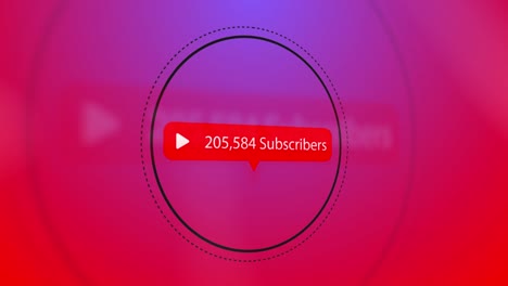 play button icon, subscribers text and increasing numbers on speech bubble over circles against red