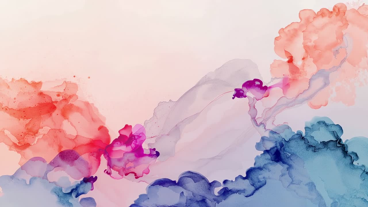Faint red and blue washes appearing, magenta blotch growing and stretching filament on paper