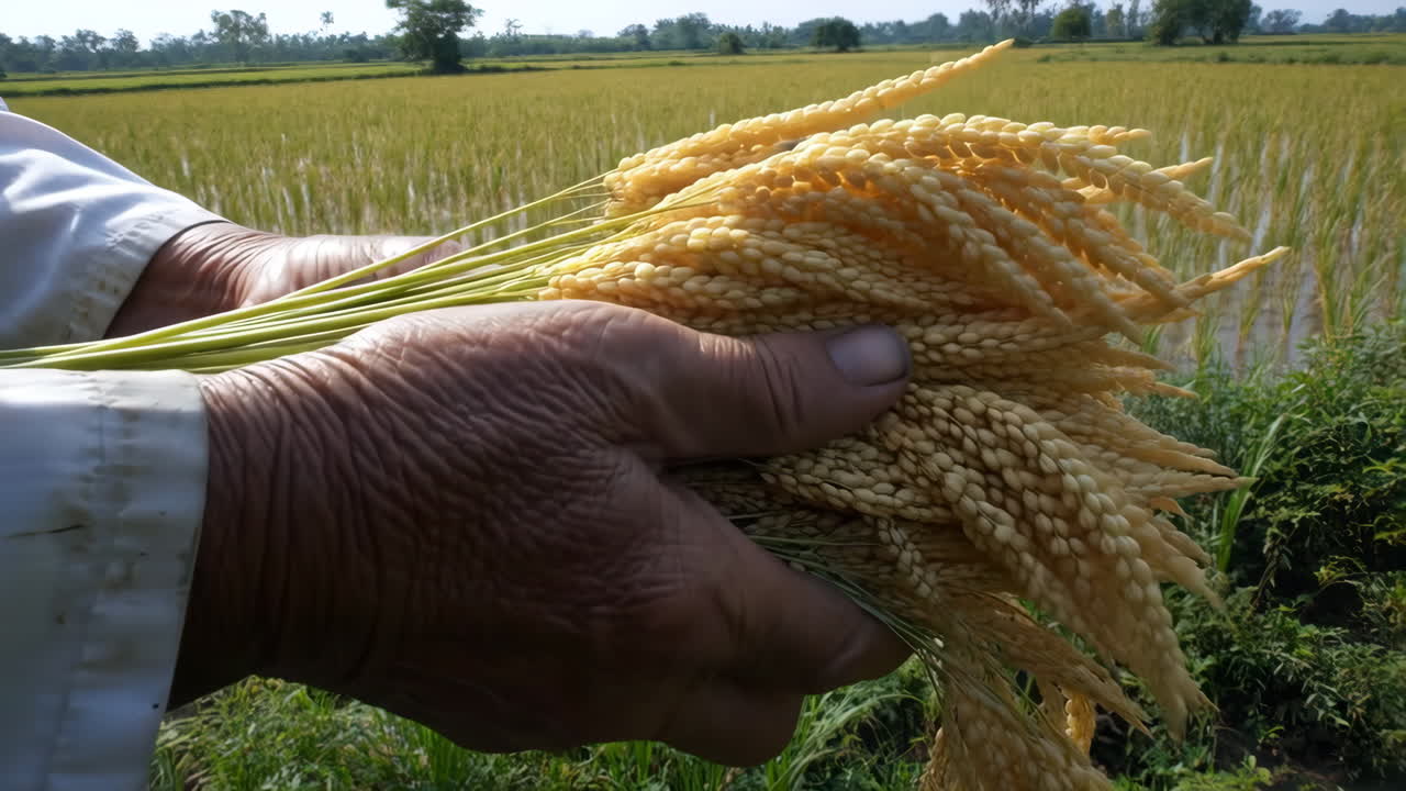 Tangan memegang tangkai padi emas di sawah