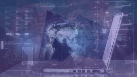 animación del procesamiento de datos y el mundo sobre el hombre de negocios que trabaja en una computadora portátil