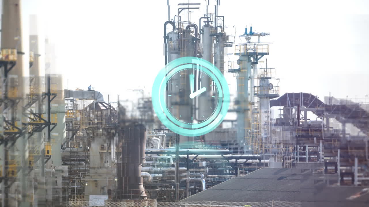 Animation of clock moving over over chemical processing plant