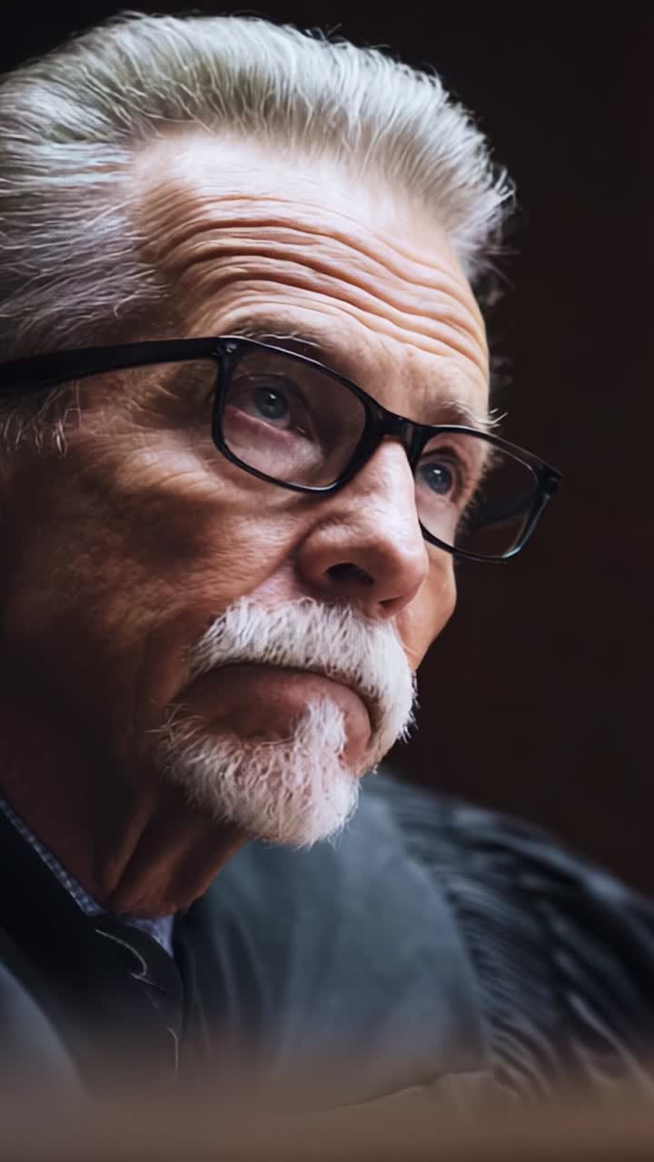 A Thoughtful Judge in Courtroom: Capturing the Intensity of Decision-Making and Reflection in a Legal Environment, Showcasing Wisdom and Authority