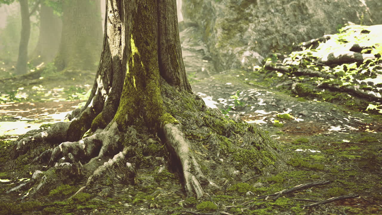 Ancient tree roots in a sunlit majestic forest