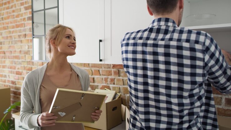 Video of couple viewing old photos while moving house
