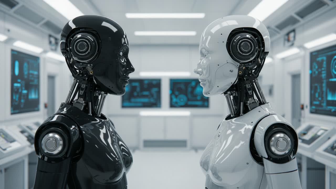 A Thought-Provoking Encounter: Two Highly Advanced Robots in a High-Tech Laboratory Setting, Symbolizing the Balance Between Technology and Humanity in the Future of AI