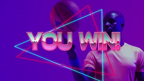 Animation-of-you-win-text-over-neon-pattern-and-african-american-basketball-player