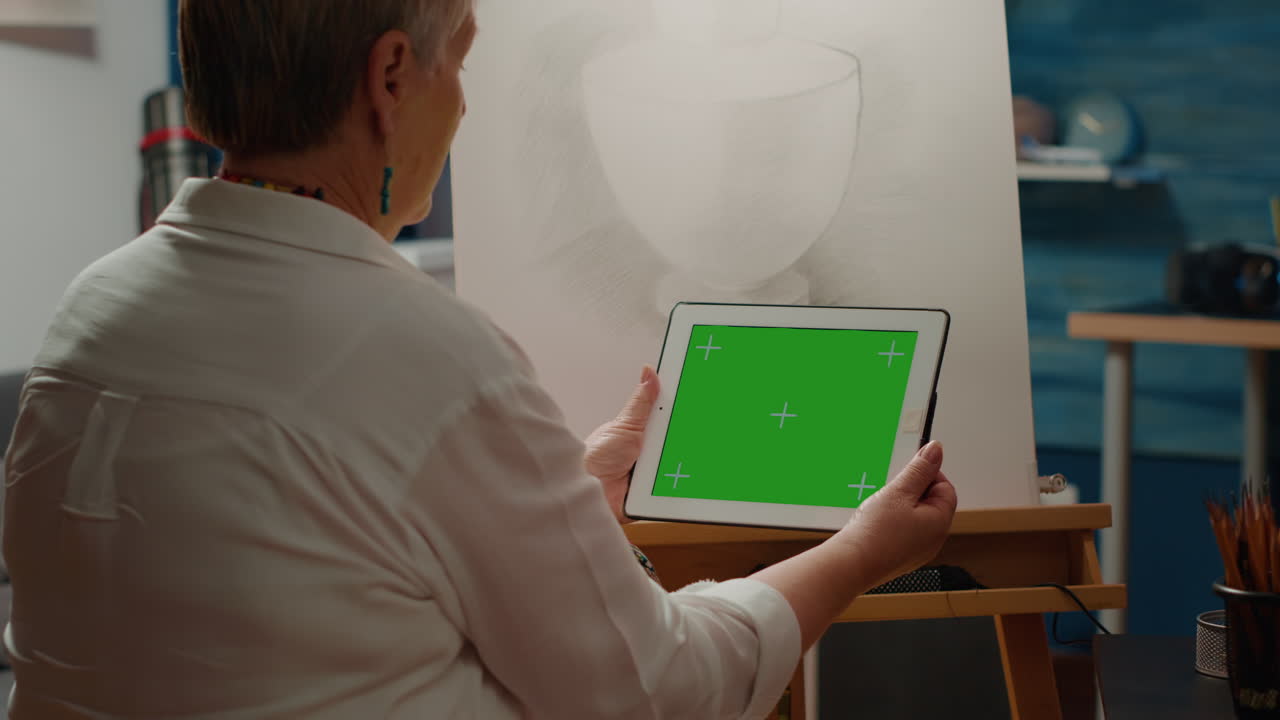 Old artist holding digital tablet with greenscreen template