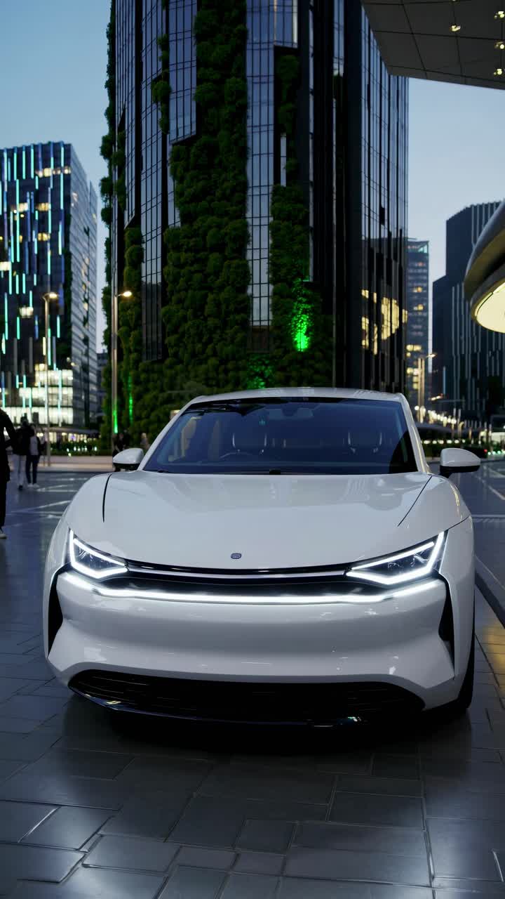 Low-angle shot of a sleek white car in a modern cityscape, showcasing futuristic design