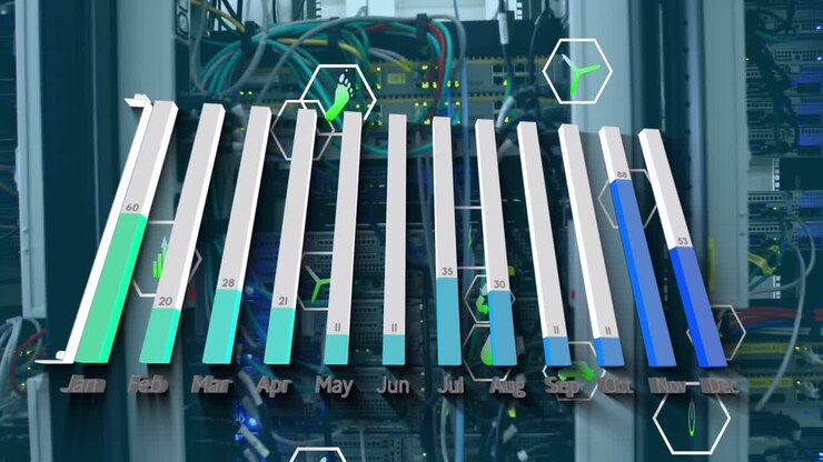 Statistical data processing against close up of a computer servers