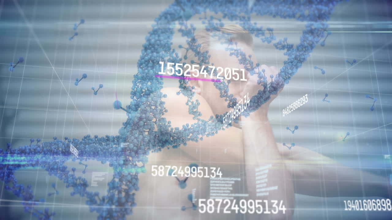 animación de la cadena de adn sobre el hombre caucásico estirándose