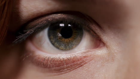 macro del ojo femenino mirando a la cámara. chica desconocida parpadeando en el estudio.