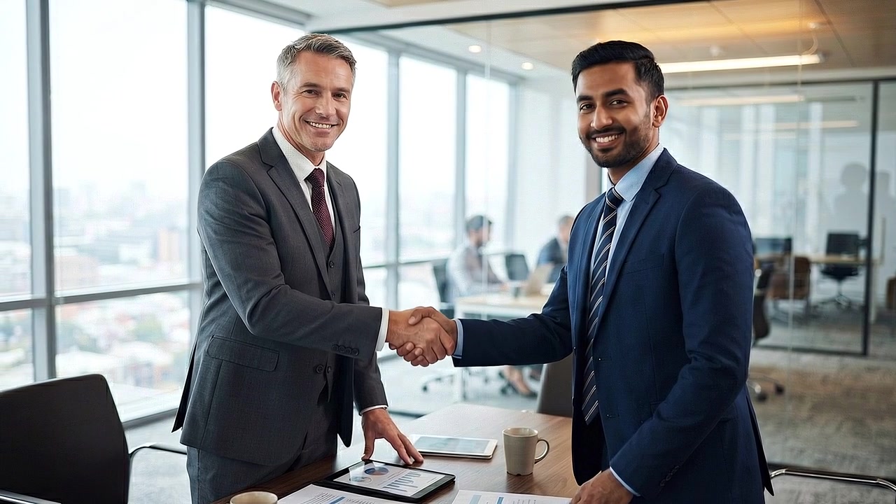 Due uomini d'affari professionisti che si stringono la mano in un ufficio moderno