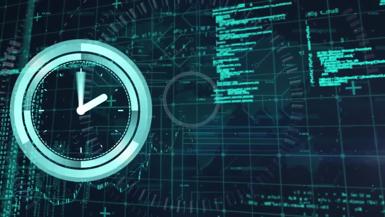 Animation of neon ticking clock over data processing against blue background