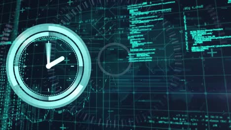 animation of neon ticking clock over data processing against blue background