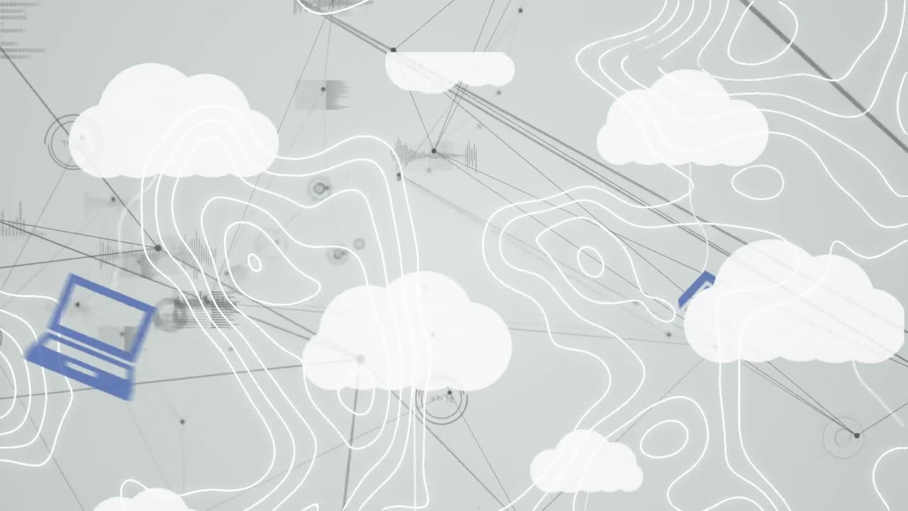 Animation of clock over digital clouds with electronic devices and network of connections
