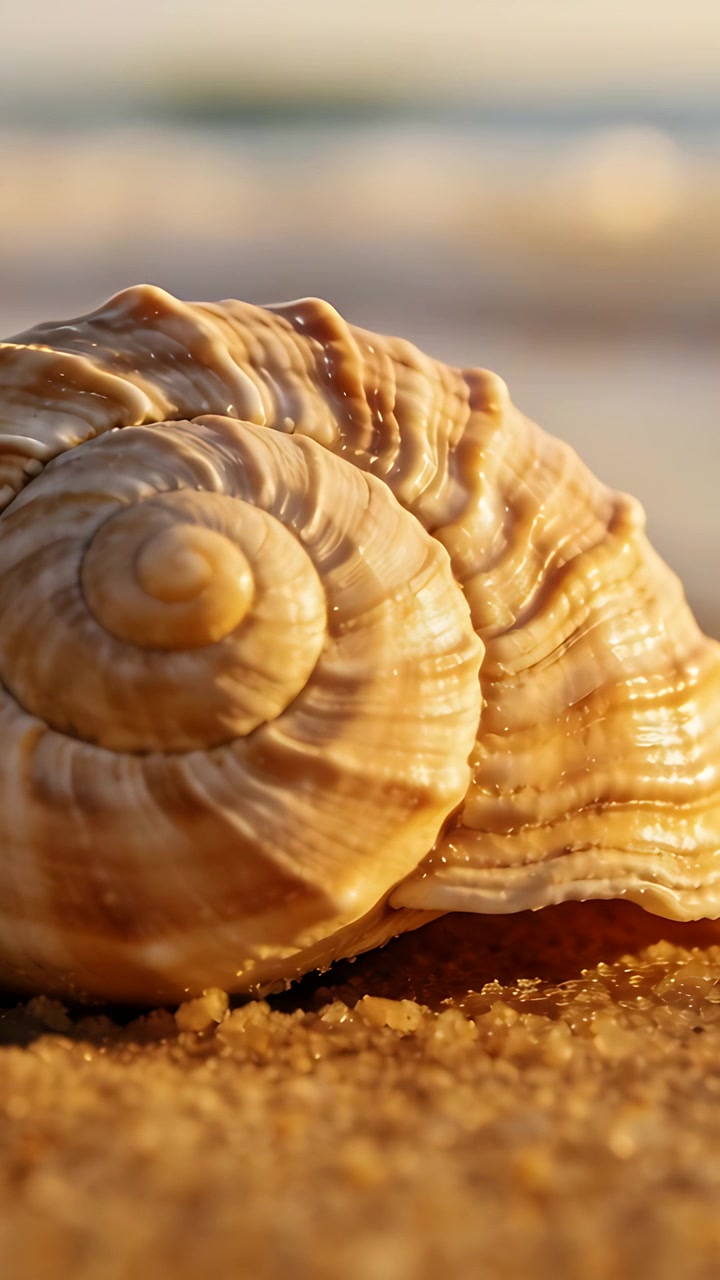 Vertical video: Zooming camera showing spiral shell glinting on wet sand, to show texture
