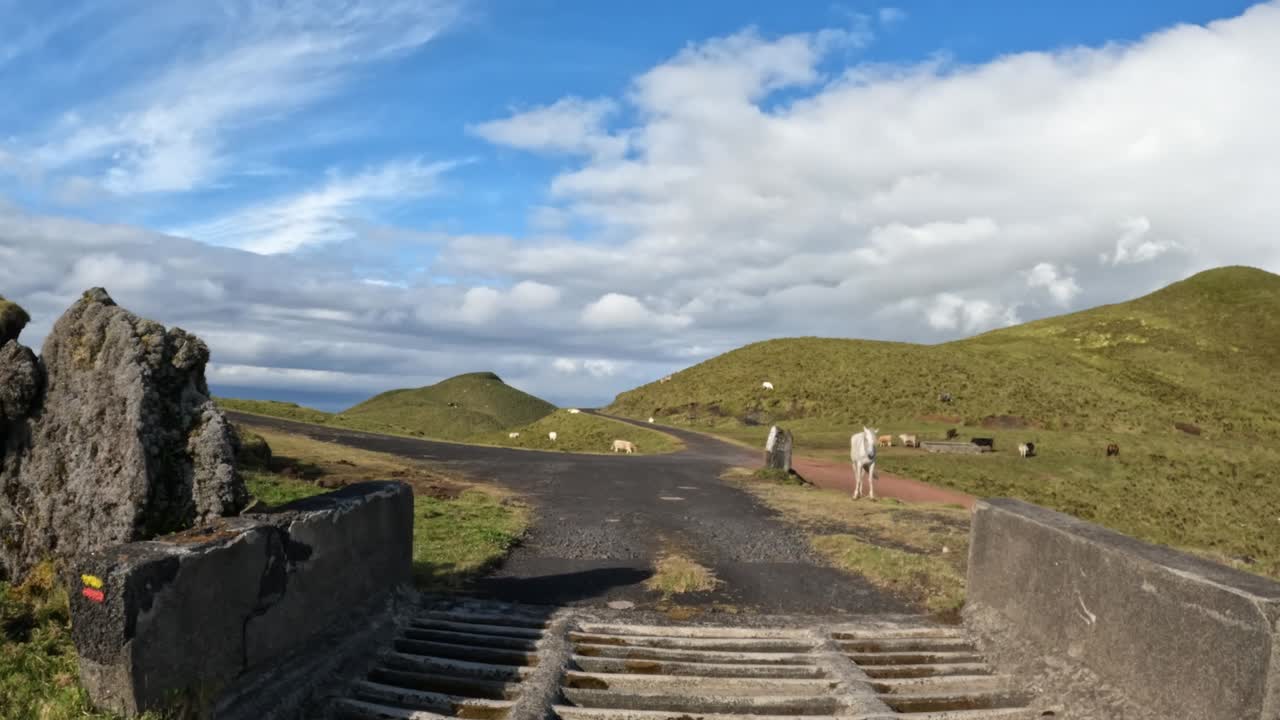 Driving POV through Pico Island, Portugal, with clear skies and rolling hills