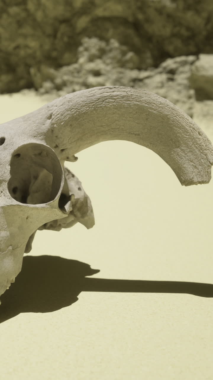 Skull of an animal rests on the ground in a dry area under bright sunlight