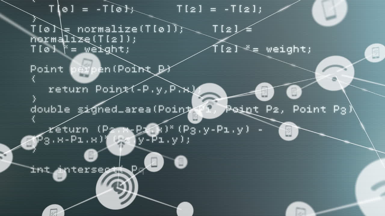 анимация сети соединения с иконками на сером фоне с обработкой данных