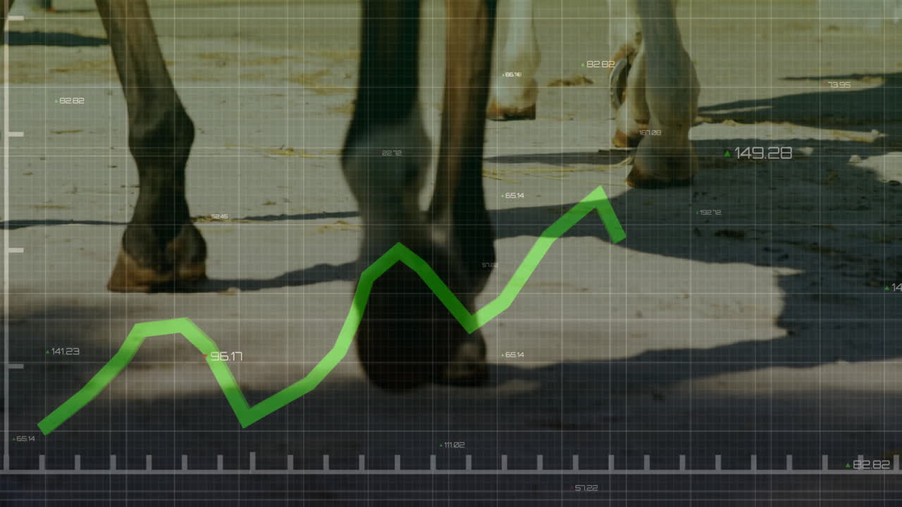 Horse hooves moving on sandy ground, displaying green line graph over transparent grid in 3D render