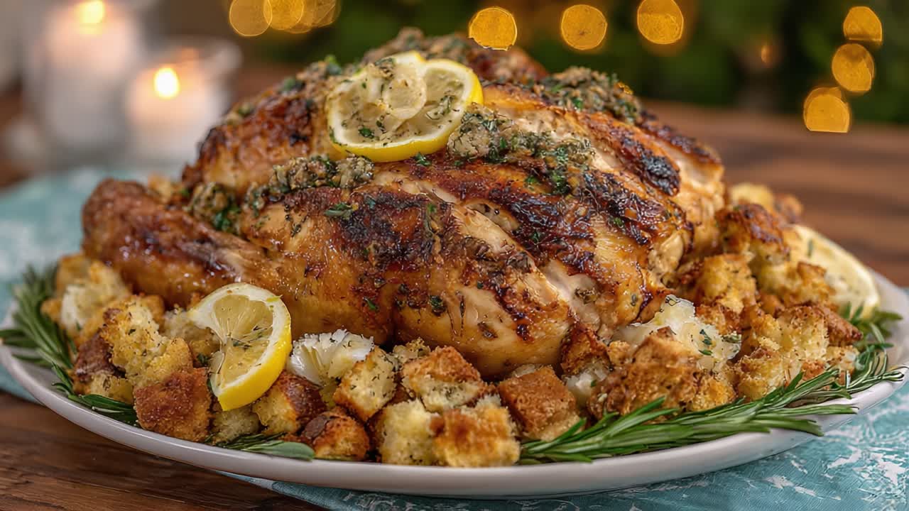 A Deliciously Roasted Turkey with Lemon, Served on a Festive Platter Surrounded by Tasty Stuffing and Garnished with Fresh Herbs in a Cozy Setting