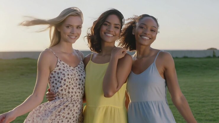 Tre donne sorridenti che posano per la telecamera in un campo erboso al tramonto, con la brezza che muove i prendisole e i capelli.