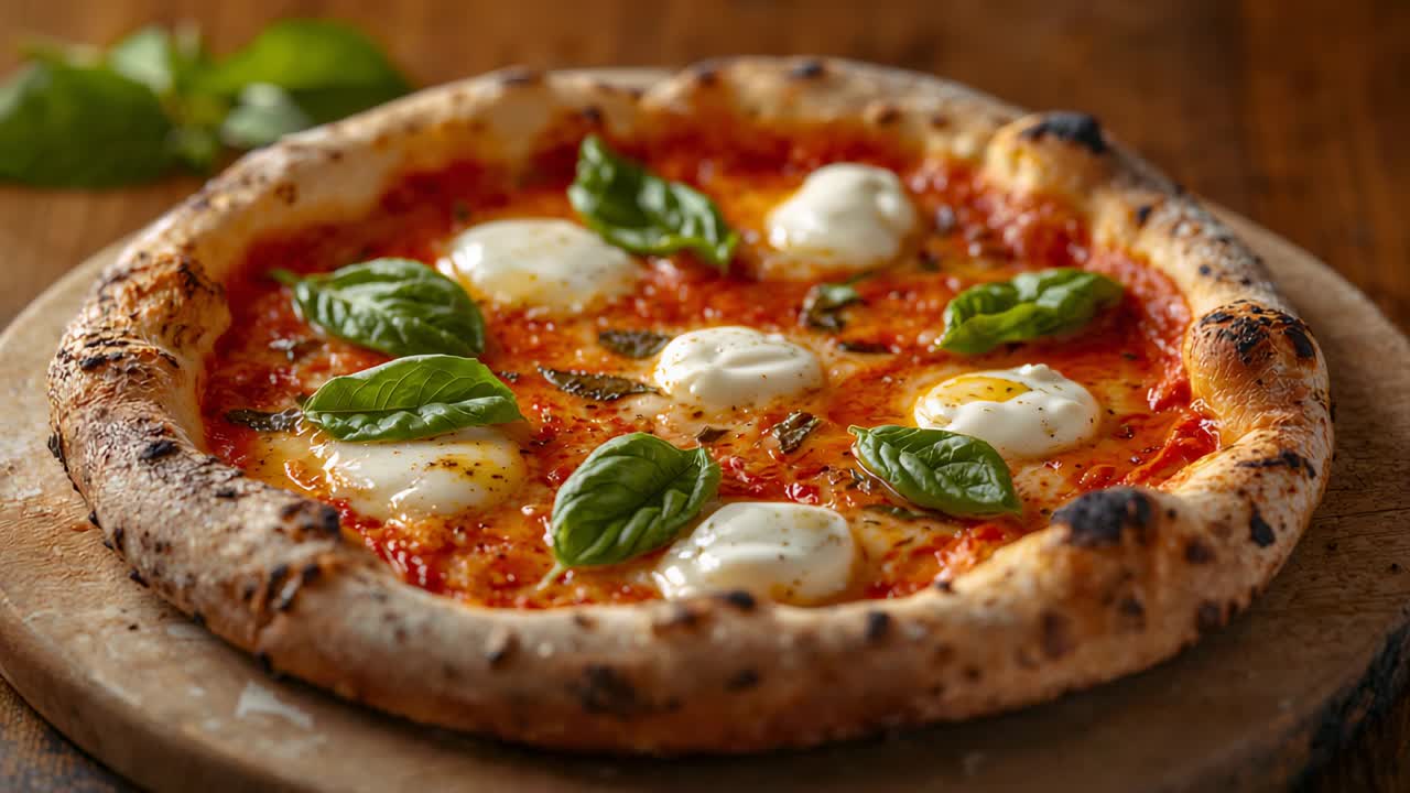 Stringere la camera che mostra la pizza napoletana con tuorlo di burrata su una tavola in una cucina calda, per l'esposizione