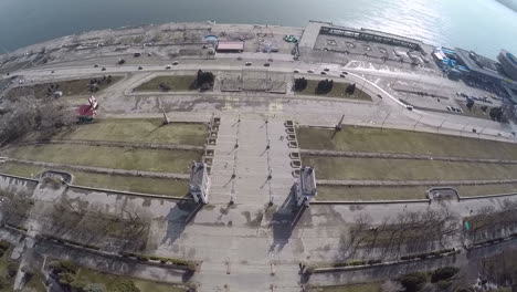 flying over the water front of volgograd russia