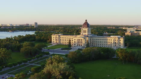 Aerial-shot-over-Regina-Legislative-Building-at-Sunset