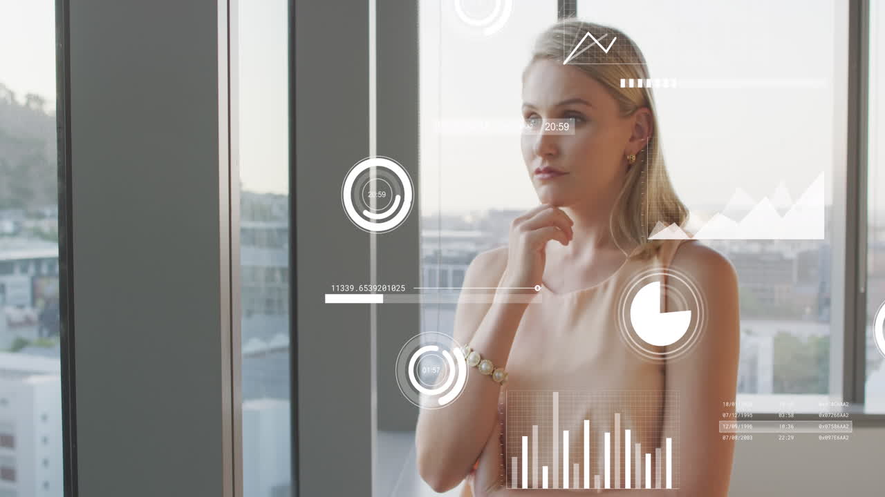 анимация графиков, загрузка кругов, баров, задумчивая белая женщина смотрит через стеклянное окно