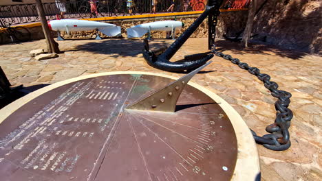 sundial, anchor, and torpedoes at a naval museum